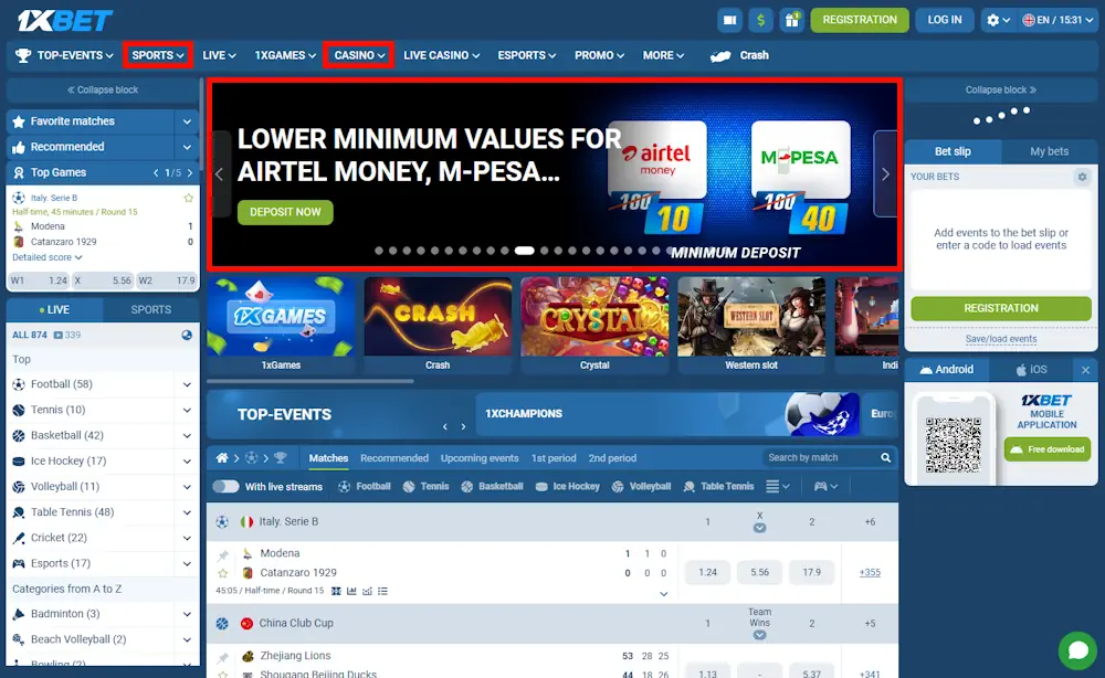 1xBet Casino and Sportsbook Screenshot